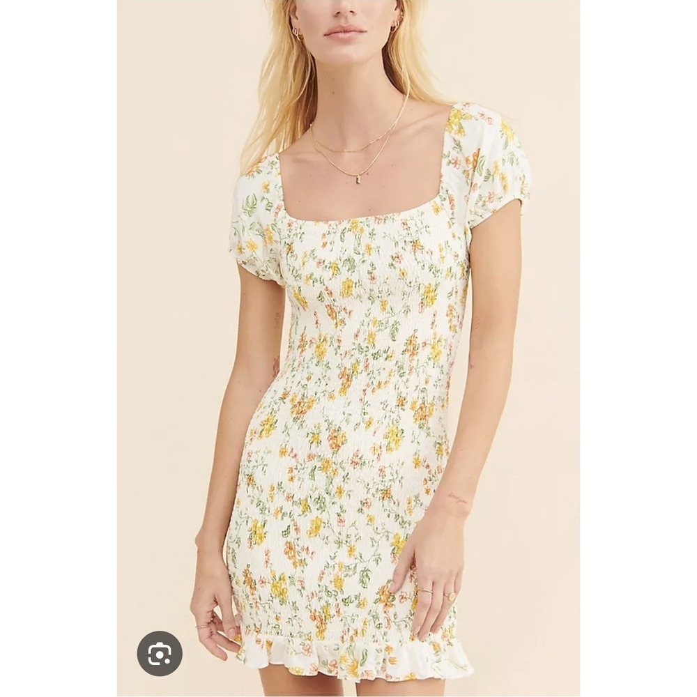 Lost + Wander Anthropologie Big Escape Smocked Mini Dress XL Ivory Floral Ruffle